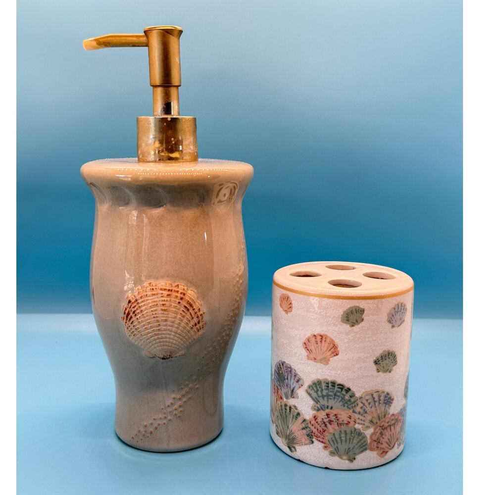VTG Coastal Seashell Ceramic Soap Dispenser & Toothbrush Holder Beach Bath Set‎